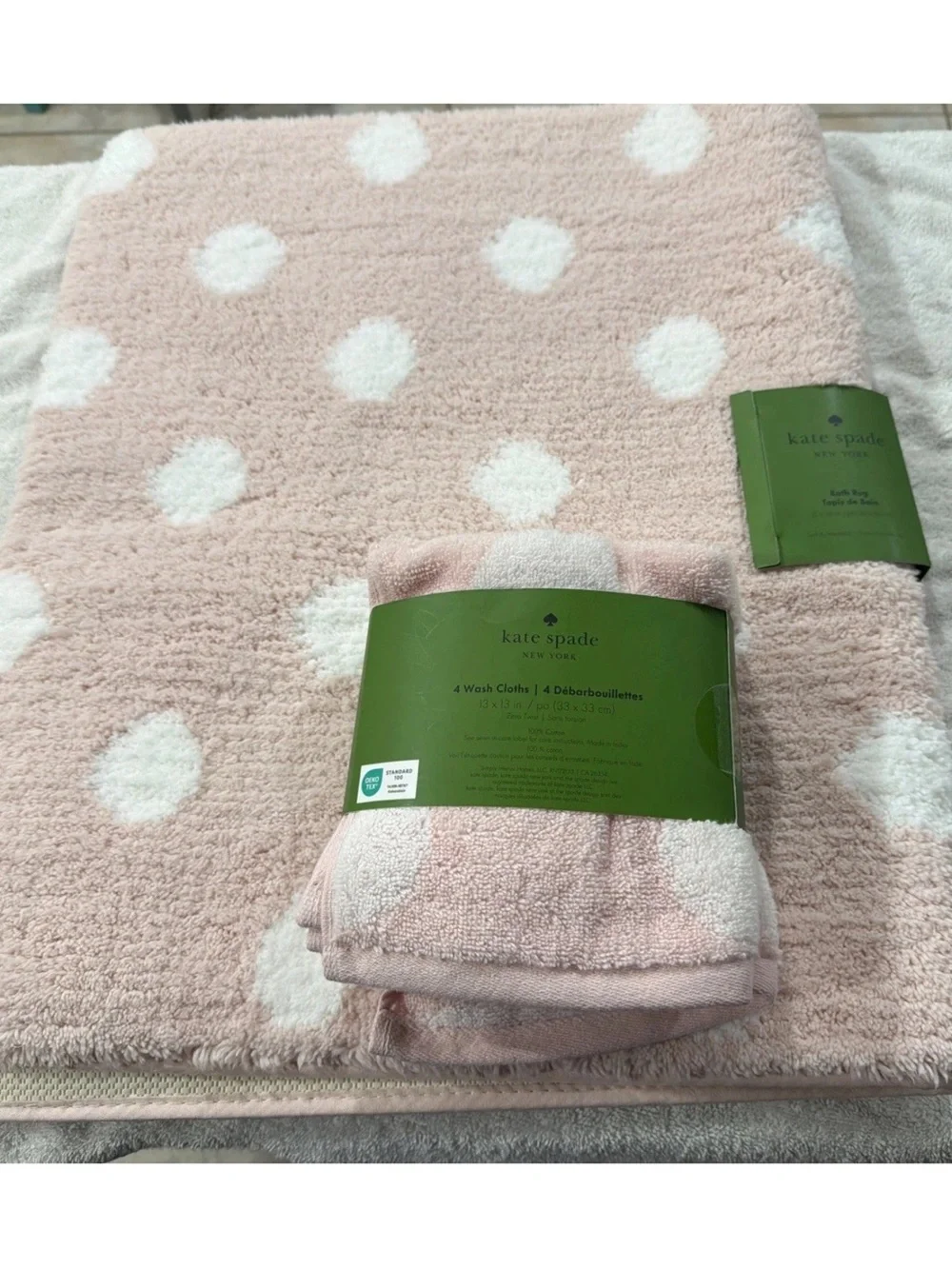 Kate Spade Large 21X34 Pink White Polka Dot Soft Plush Bath Rug & 4 Washcloths